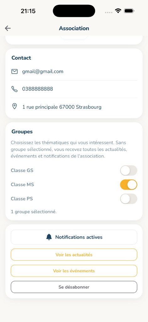 Sélection des groupes d'une association