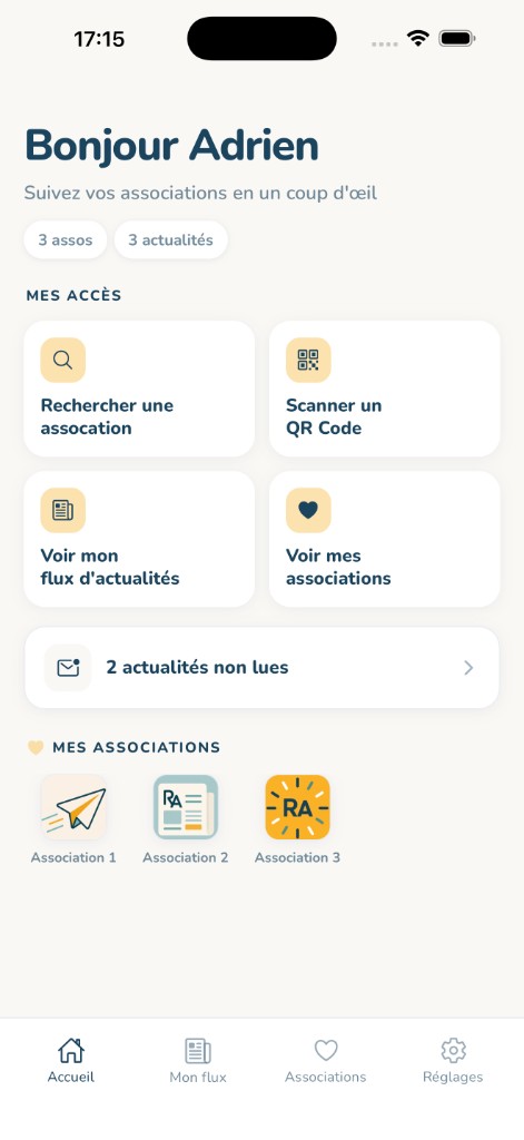 Écran d'accueil Relais Asso